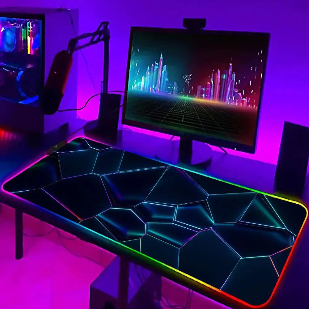 XXL RGB Gaming Mouse Pad 3D Geometric Desk Mat Game Accessories Large LED Light Rubber Anti-slip PC Computer Carpet with Backlit