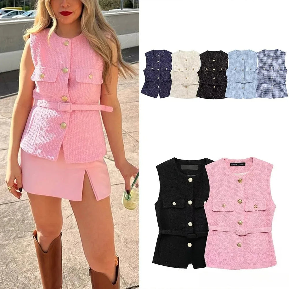 KONDALA Vintage Belt Twist Waistcoats Women O Neck Sleeveless Gold Button Vest Fashion 2025 Spring Summer Office Lady Blazer Top