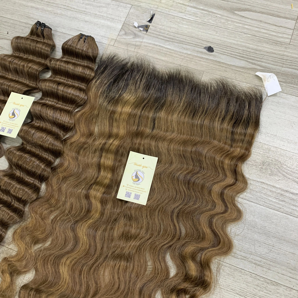 Premium Small Knots on Ombre Highlight 13x6 HD Frontal with bleached knots Raw Vietnamese Hair Swiss HD Lace