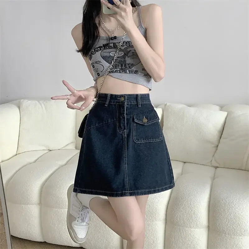 Women's Denim Skirt Retro Blue High Waist Female Jeans Skirts Streetwear Premium Modest Korean Fashion Stylish A Line Vintage