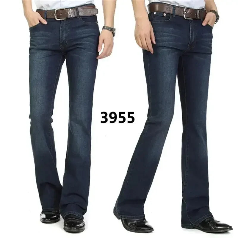 Male Bell Bottom Denim Trousers Slim Black Boot Cut Jeans Men's Clothing Casual Business Flares Pants
