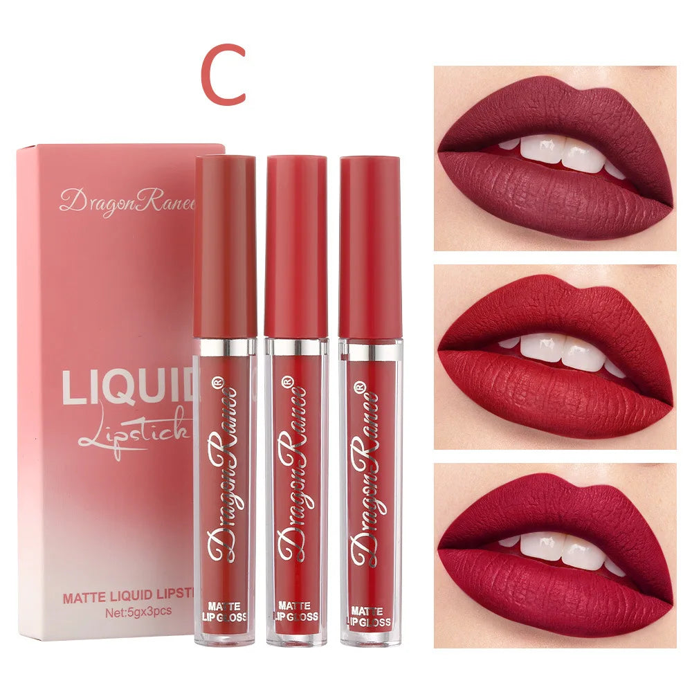 3PCS/Sets Velvet Matte Lip Gloss Lasting Waterproof Nude Sexy Red Liquid Lipstick Moisturizing Lip Stain Tint Cosmetic For Women