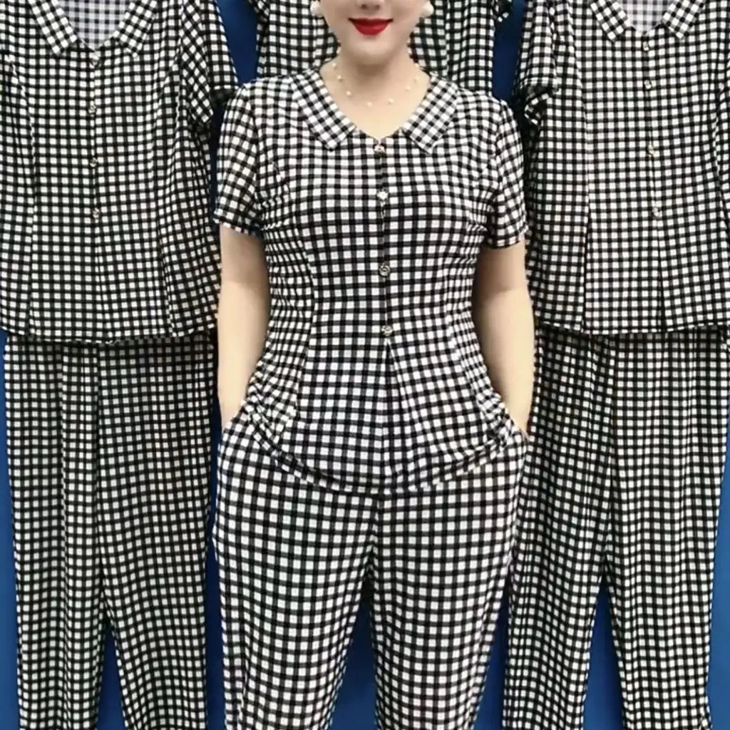 Summer New Korean Fashion Women Thin Plaid Two Piece Set V-neck Printed Patchwork Button Short Sleeved Top Straight Pants Suit