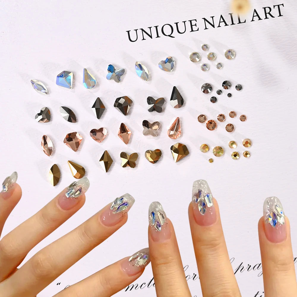 12Grids 3D Gold/Champagne Nail Art Rhinestones Mixed-Shapes Flat-Back Glass Diamonds Nails Charms Luxury DIY Manicure Decoration