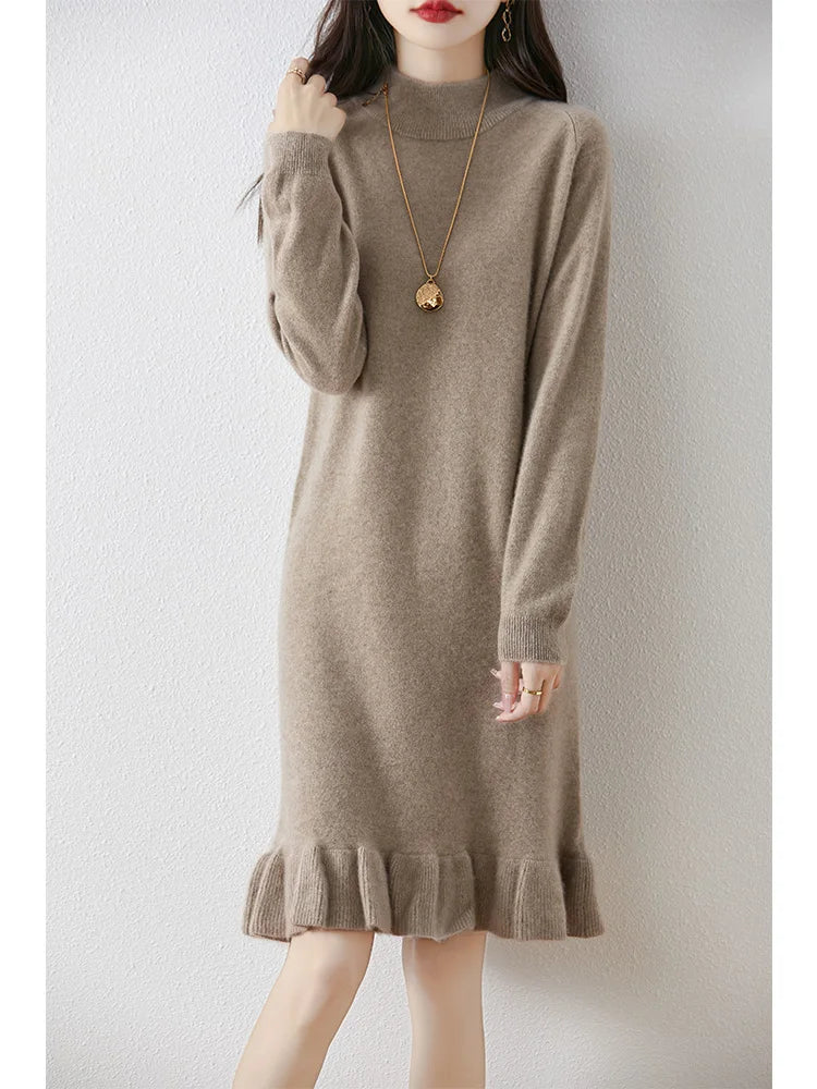 Women's Pure Wool Knitted Dress, High Collar, Pleated, Casual, Fashionable, Warm, 2024 Autumn And Winter