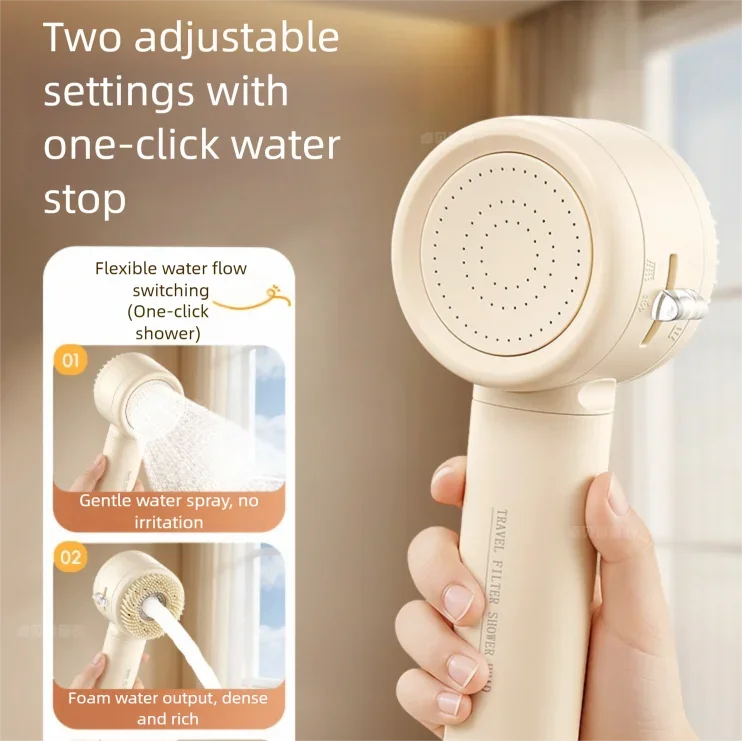 2+1 Modes Filter Shower Head High Pressure Adjustable Handheld Shower Head One Button Stop Bathroom Accessories