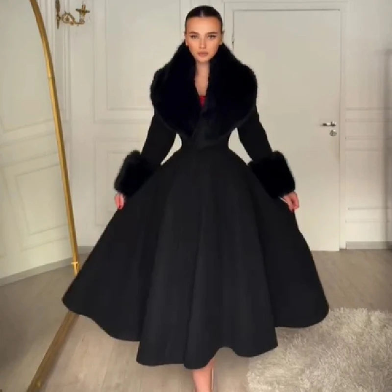 Women Detachable Faux Fur Collar Long Wool Blend Elegant A‑line Maxi Dress Coat Winter Vintage Luxury Slim Fit Wedding Outerwear