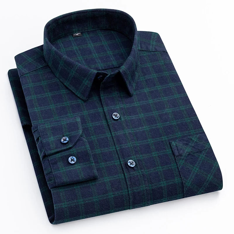 Men's Winter Chic Long Sleeve Shirt Cotton Flannel Plaid Button-Up Comfortable Warm Top for Business Casual Dress Shirts New
