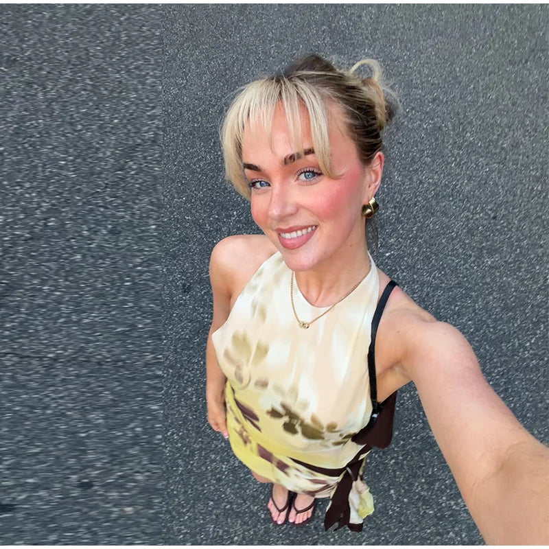 Yellow Brown Tie-Dye Midi Dress Print Halter Neck Open Back Asymmetric Hem Chiffon Dresses 2026 Party Women Fashion Chic Outfit