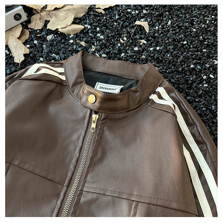 Men's Brown Leather Jacket American Retro Patchwork Striped Outerwear Youthful Style Summer Biker Coat Long Sleeve Zipper Clo...