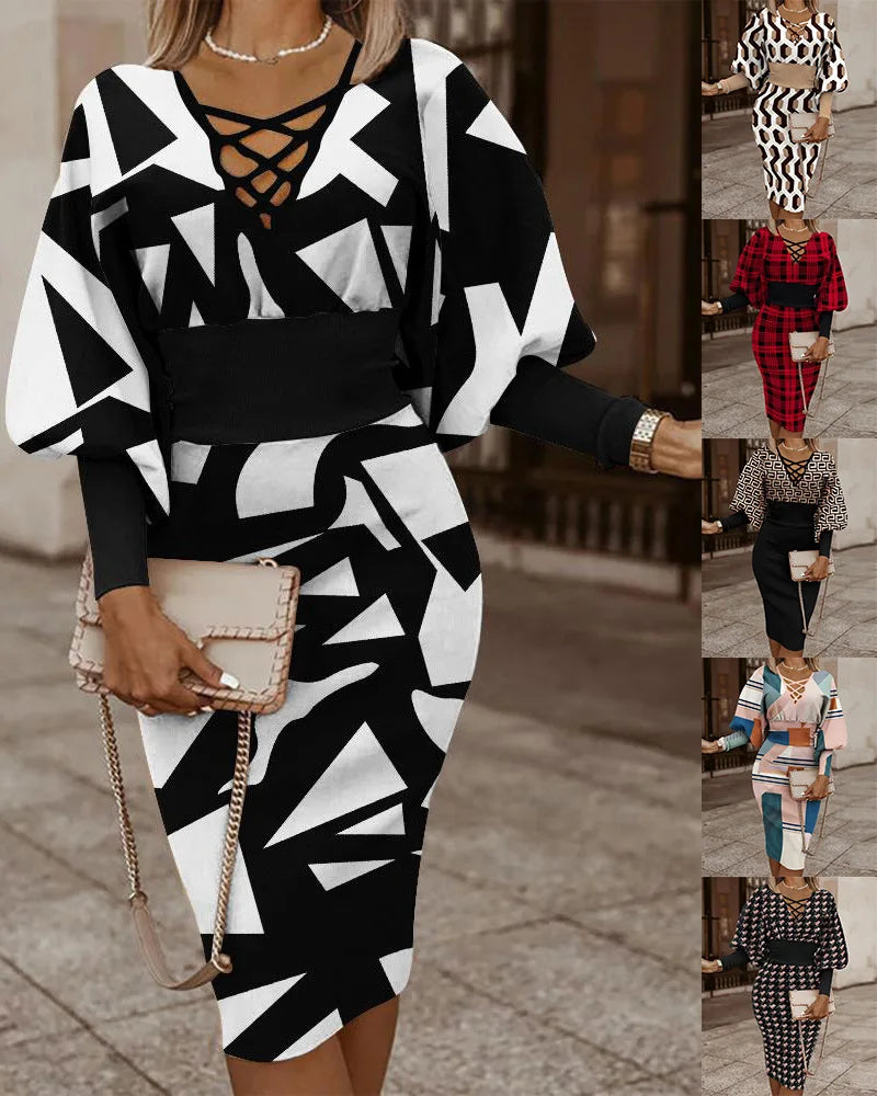 Elegant Women's Maze Printed Long Sleeved Slim Fit Dress 2024 Fashionable Woman Hollowed Out V-neck Cinched Party Club Vestiods