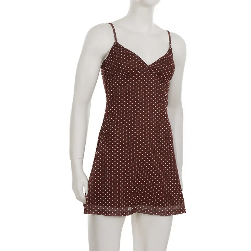 Y2K Polka Dot Mesh Cami Dress Sexy Spaghetti Strap V Neck Backless Tie up Color Block Bodycon Mini Dress for Daily Wear