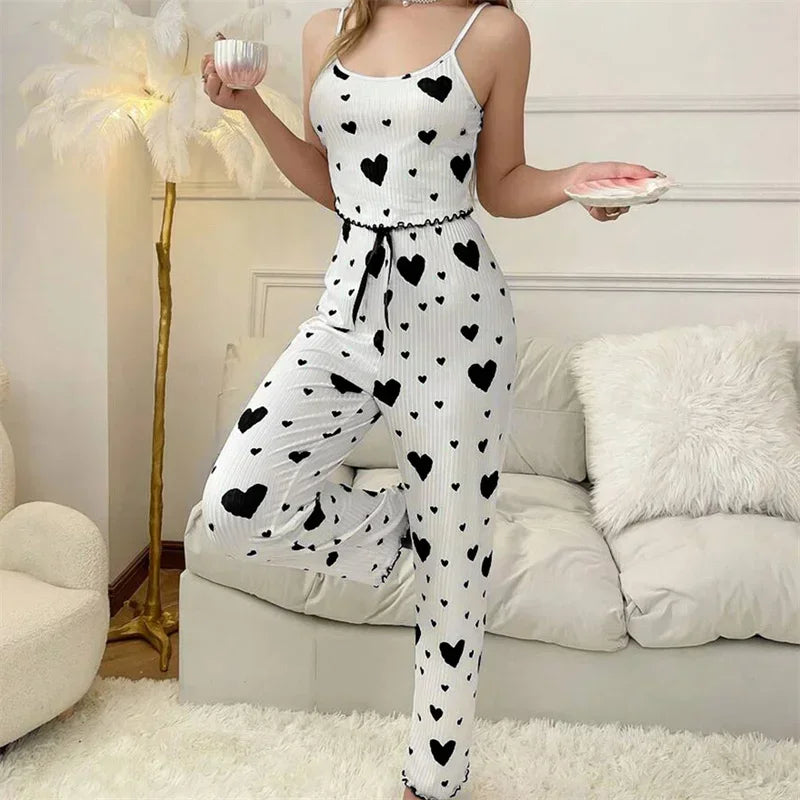 Spring Summer Pajamas Set for Women Sleepwear Heart Print Sleeveless Cami Vest with Long Trouser Set Pyjamas Loungewear