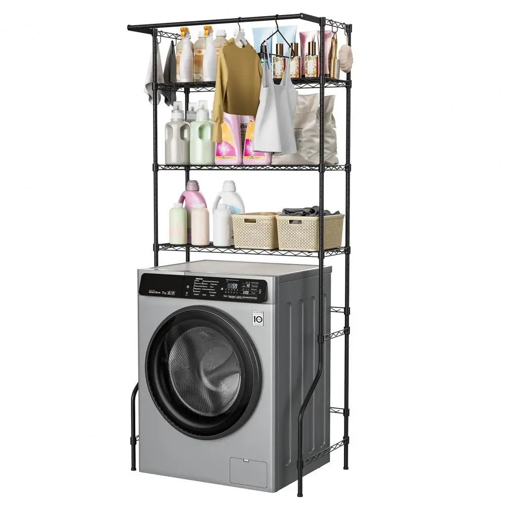 Washing Machine Shelf 3 Tiers Storage Rack Adjustable Height Metal Freestanding Clothes Drying Rack with Hanger Rod & Hooks