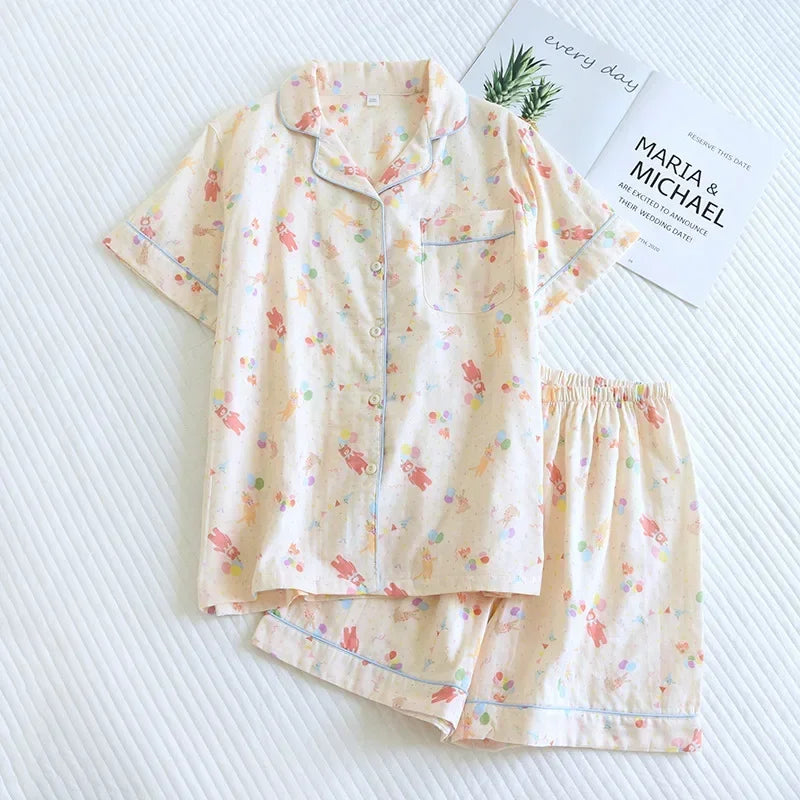 Japanese simple short pyjamas women 100% cotton short sleeves ladies pajama sets shorts Cute cartoon sleepwear women homewear