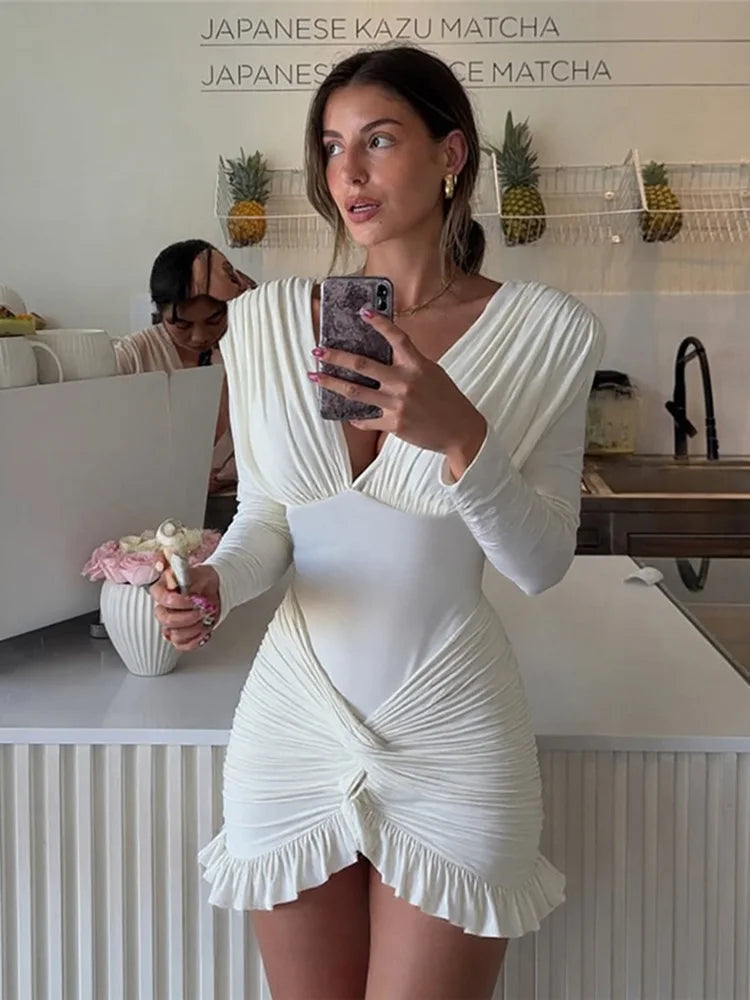 Sisterlinda Cross Ruffle Trim Mini Dress Simple Solid V-neck Ruched Full Sleeve Body-shaping Frock Female Classic Street Vestido