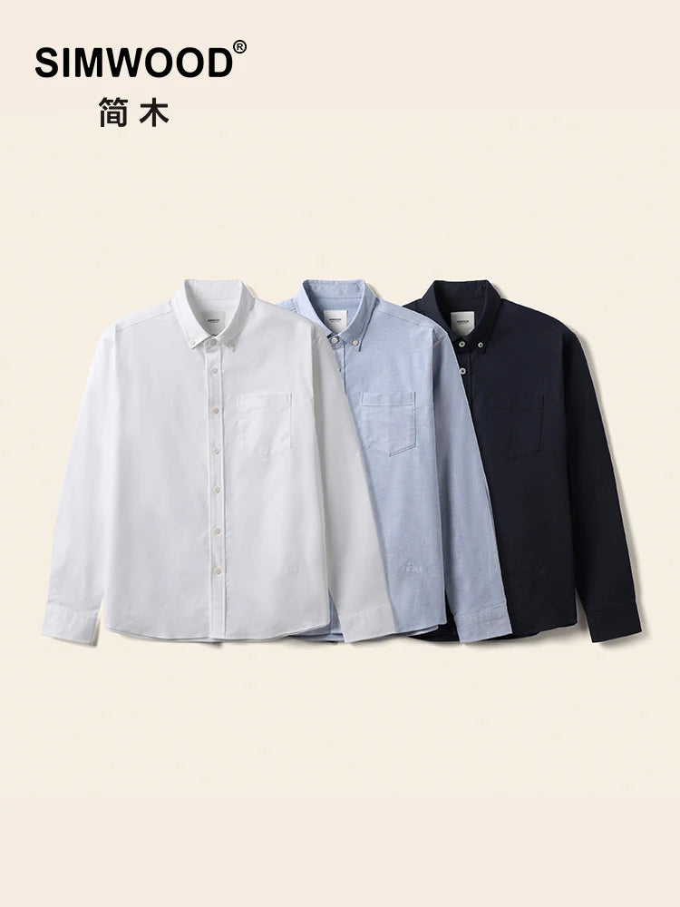 SIMWOOD 2026 Spring New Regular Fit Smart Casual Shirts Men Basic Solid Color 180gsm Oxford Fabric Shirts