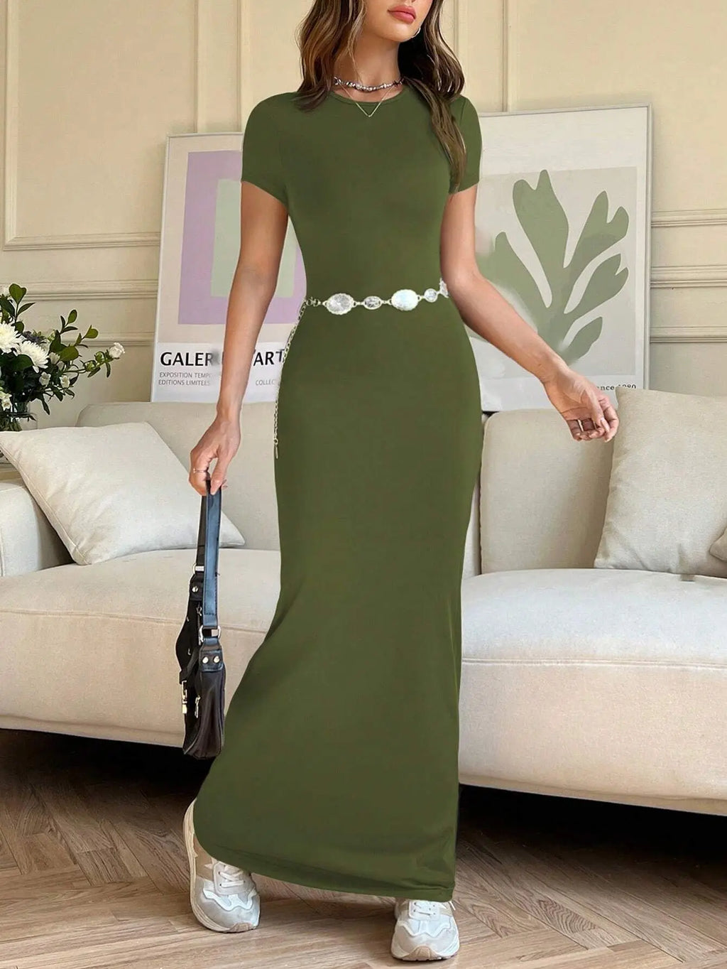 Short-sleeved Solid Color Slim Sexy Waisted Spring And Summer Temperament Dress Women's Round Neck Elegant Long Dress For Dinner