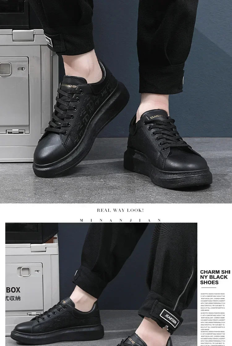 2026 Men's Casual Shoes Spring and Autumn Flat-soled Casual Leather Shoes Sports Shoes Black and White Men's Thick-soled Shoes