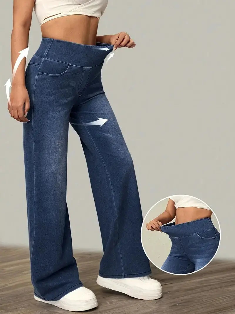 Women's Jeans New Elastic Waist High Stretch Loose Straight-Leg Pants Trendy Comfortable Versatile Cross-Border