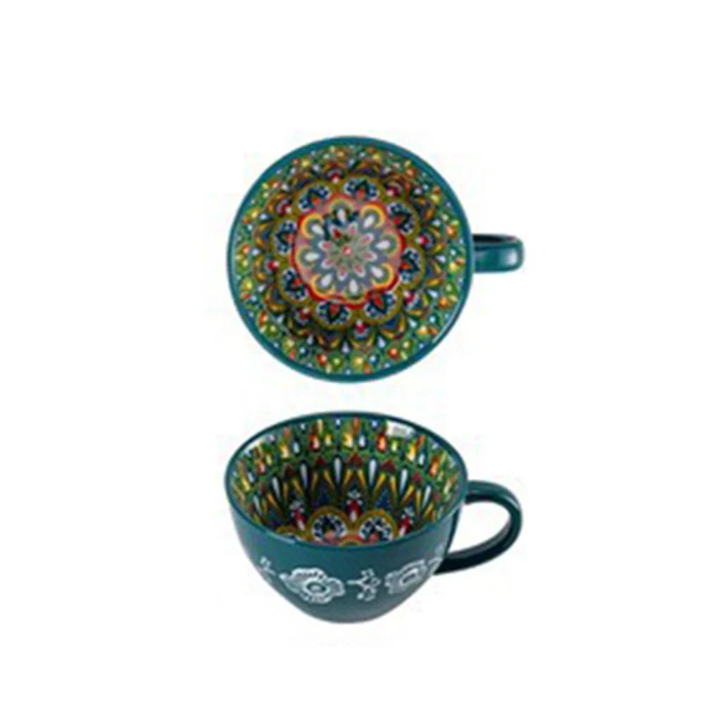 Creative Ceramic Bohemian Breakfast Cup Retro Flower Pattern Coffee Mug Microwaveable Large Capacity Milk Cup Friend Gift