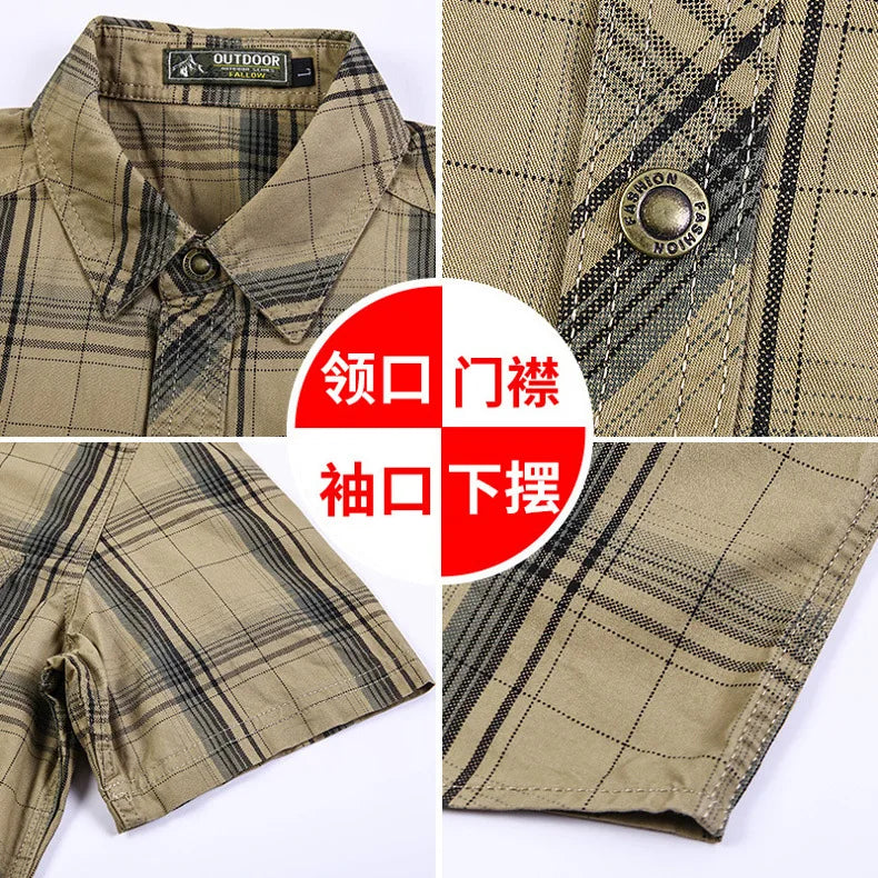 Men Summer short-sleeved Plaid Shirts Male Military Outdoor Multi-pockets Tooling Shirts High Quality Man Cotton Shirts Size 5XL