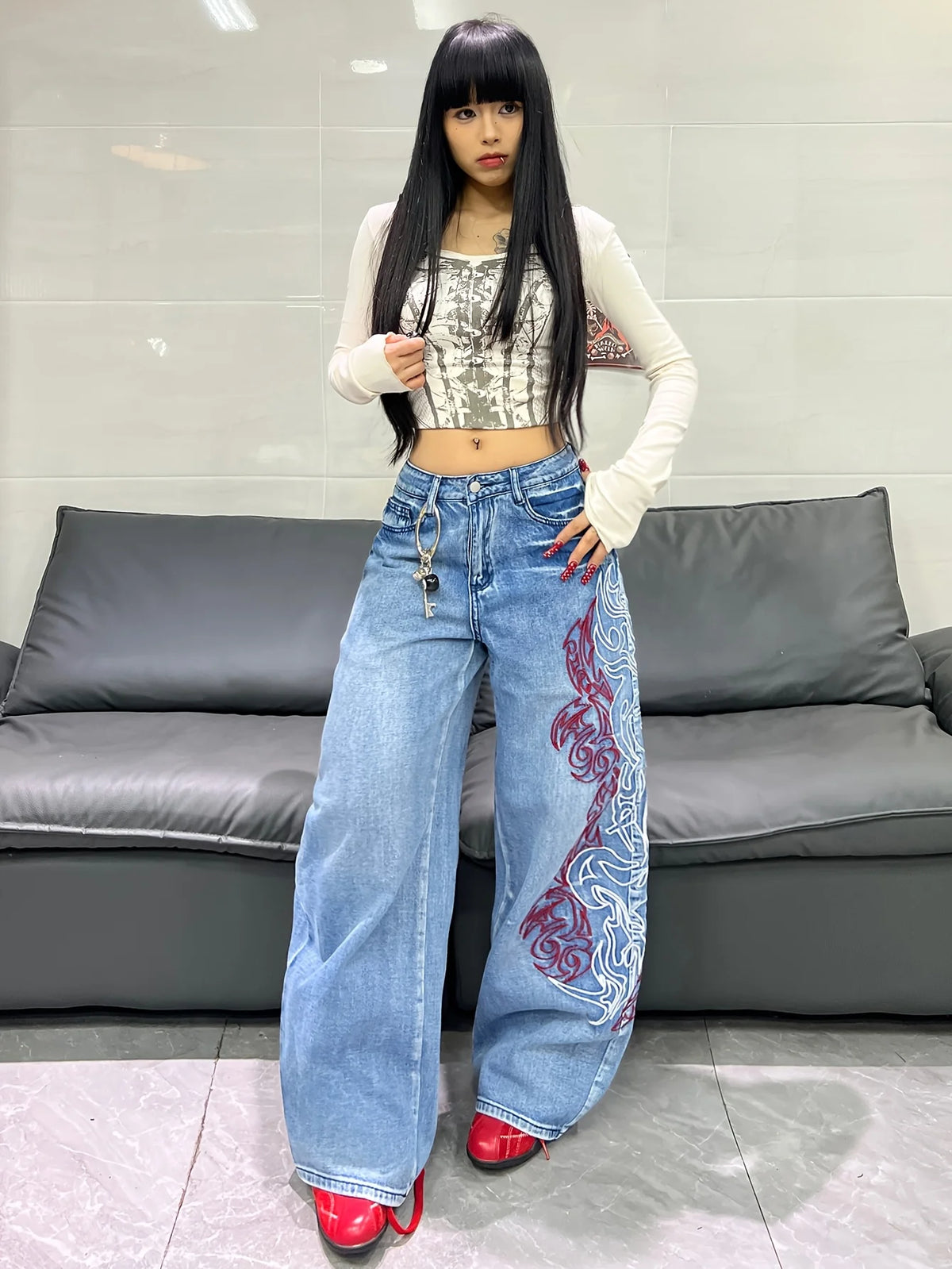 American Retro Two-Color Embroidered Wide-Leg Women's High-Waisted Jeans - Fashionable Design, Straight-Leg Loose Slimming Wide-Leg Floor-Length Trousers For Street Hotties