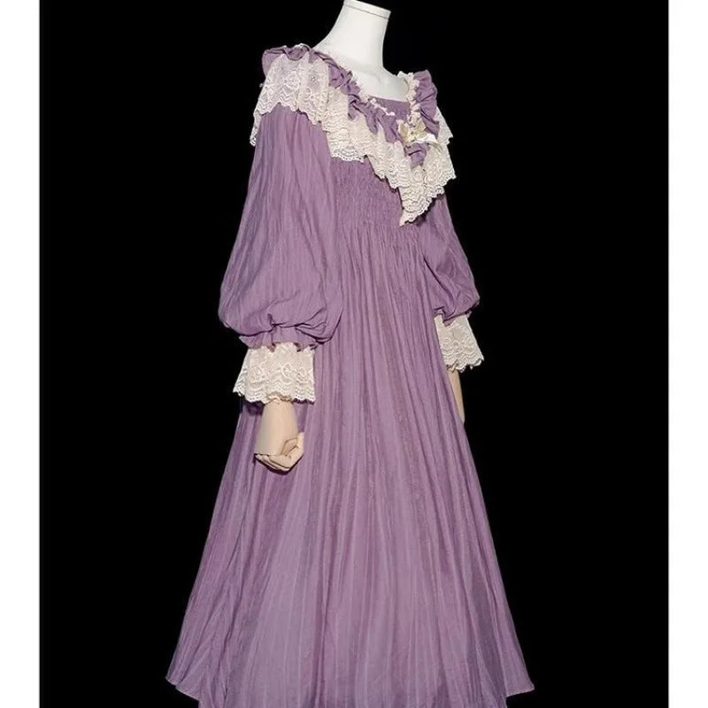 Nicemix Purple Classic Vintage Lantern Sleeve Lolita Dress Spring Lace Spliced Sweet Slimming A-line Dress