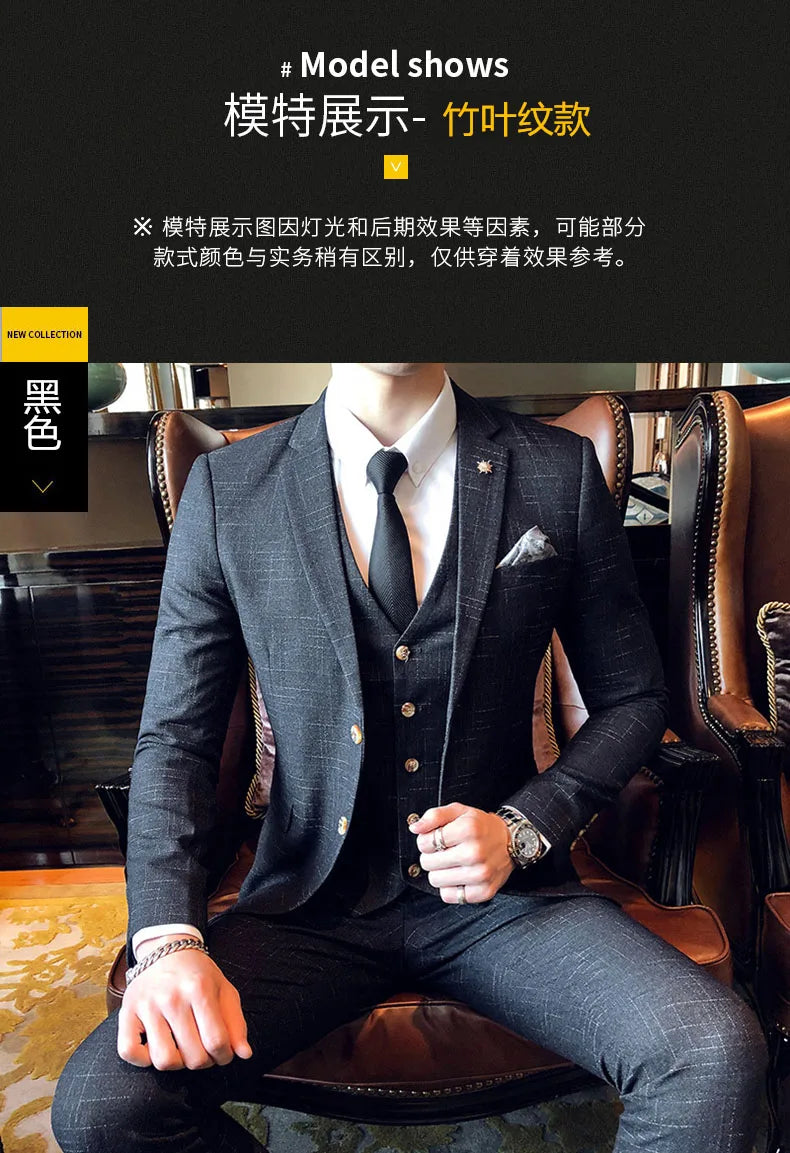 S-7XL ( Blazer + Vest + Pants ) Striped Plaid Solid Color Mens Formal Business Suit 3Pcs Set Groom Wedding Social Show Dress