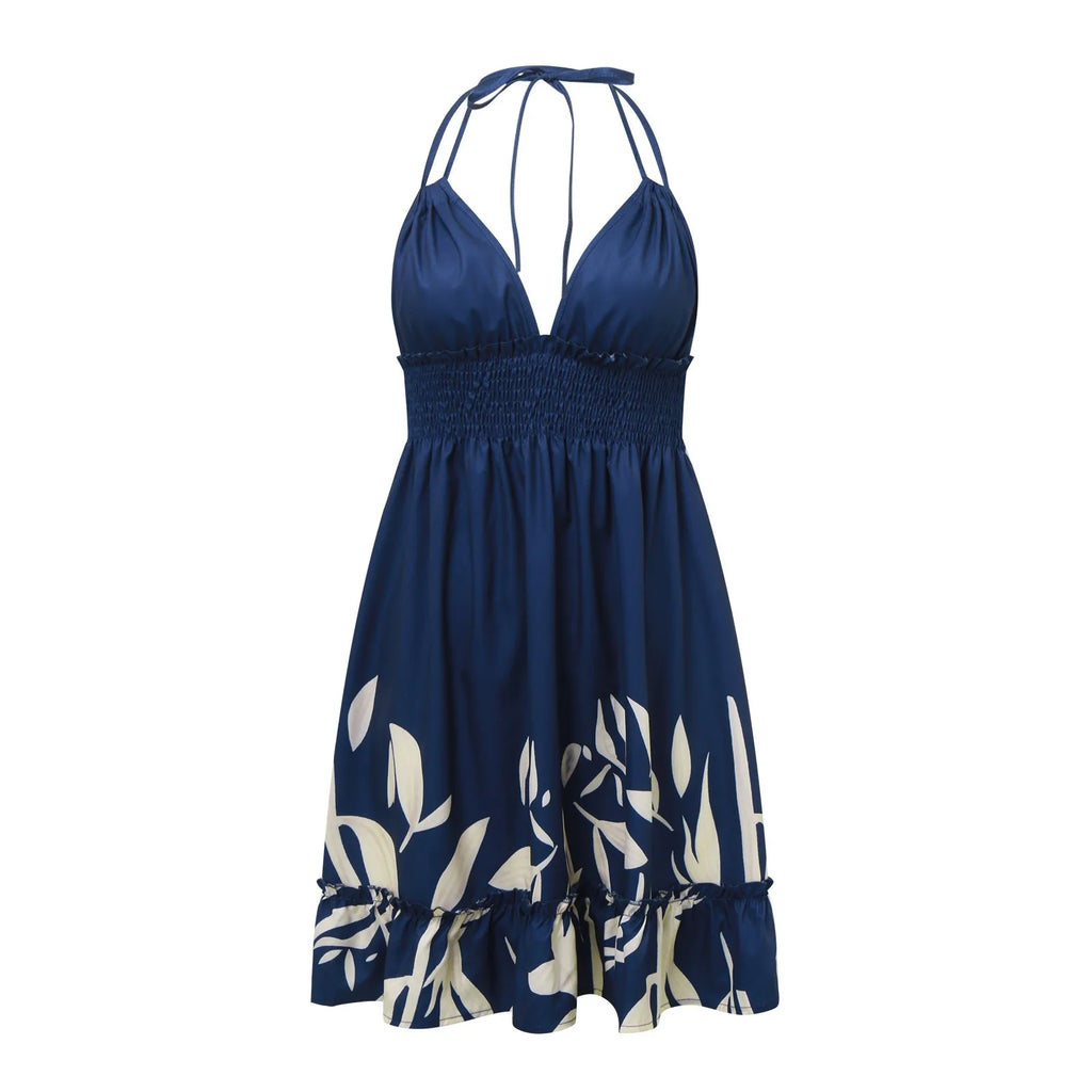 Womens Halter Neck Mini Dress Deep V Neck Smocked Waist Ruffled Hem Flowy A Line Dress Boho Style Beach Vacation Summer Dresses