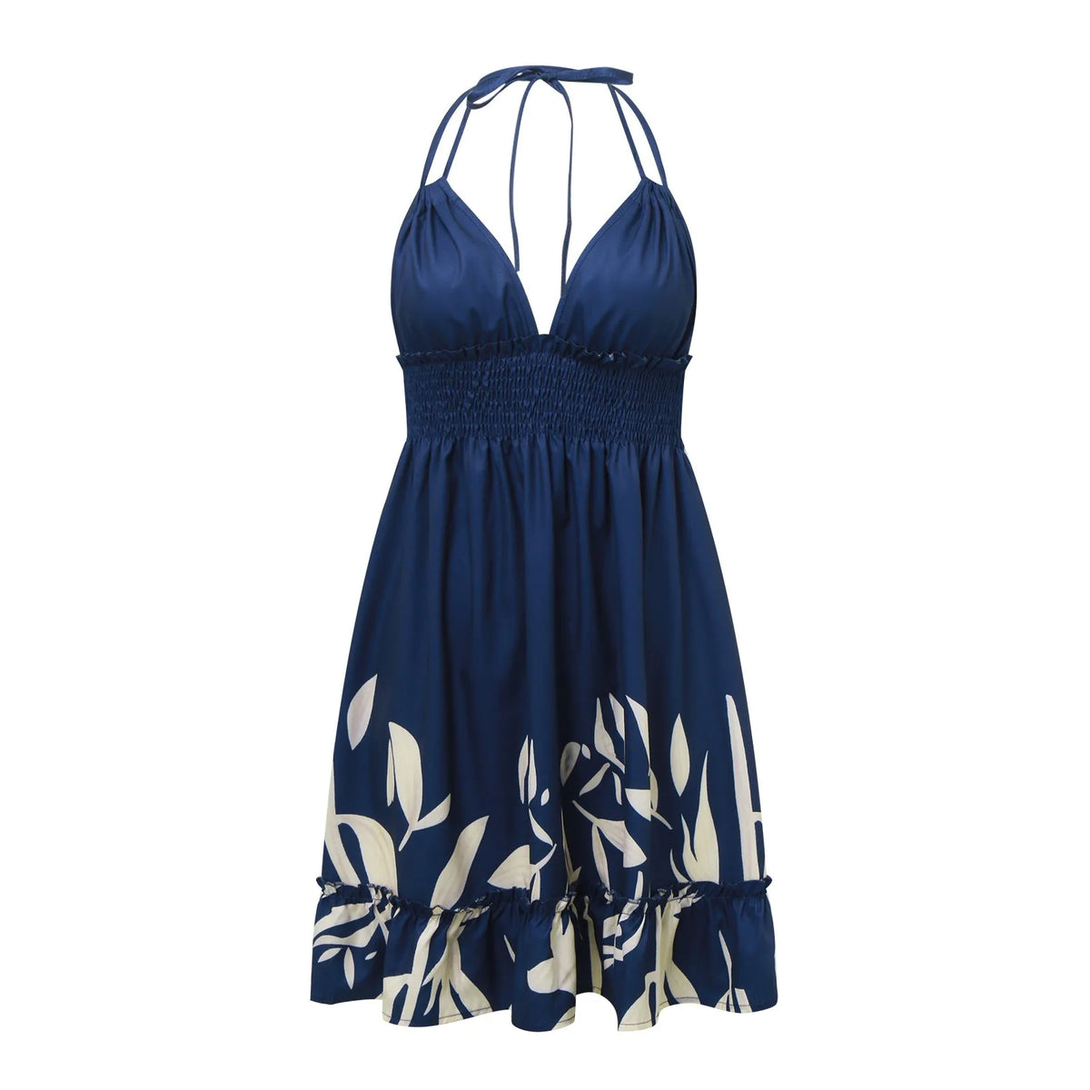 Womens Halter Neck Mini Dress Deep V Neck Smocked Waist Ruffled Hem Flowy A Line Dress Boho Style Beach Vacation Summer Dresses