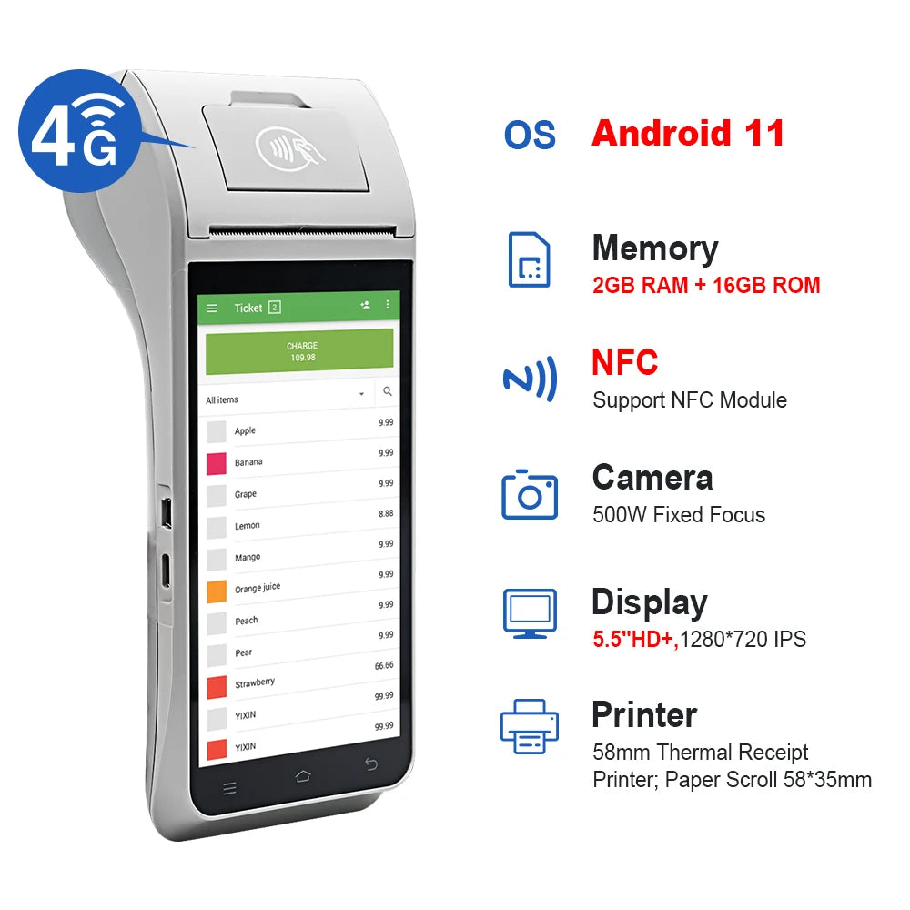Android 14/13/11 Handheld Terminal POS Printer Portable 58mm Thermal Receipt Printer 4G NFC Ticket Bill POS PDA Impressora
