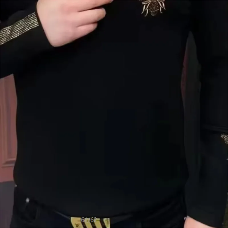 Winter Luxury Bee Embroidered T-shirt for Men Long Sleeve Thick and Warm Tshirts Casual Business T-shirts Streetwear Tee Tops