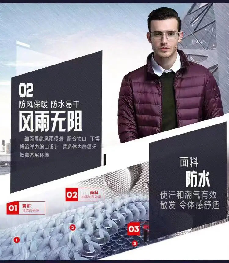 Down Cotton Coat Man 2025 Light Feathered Cotton Jacket Winter Slim Hooded Stand-Up Collar Solid Color Warm Clothing