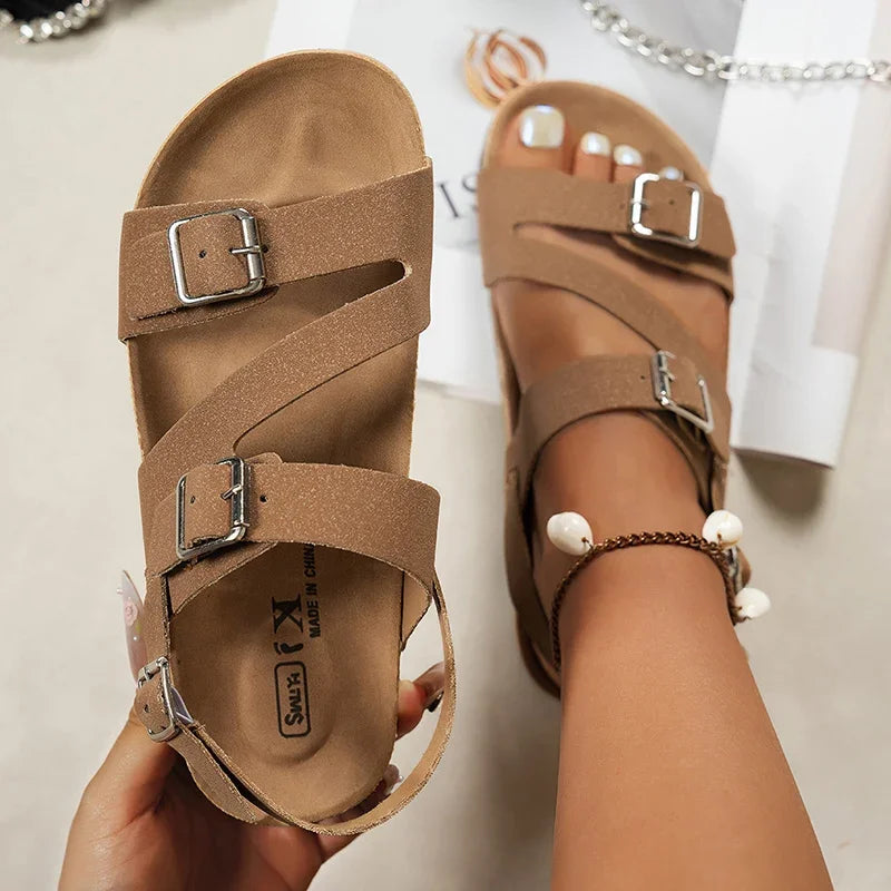 Metal Buckle Mule Sandals Women Summer 2026 Comfortable Flat Heels Cork Sandals Woman Plus Size 42 Non Slip Casual Beach Shoes