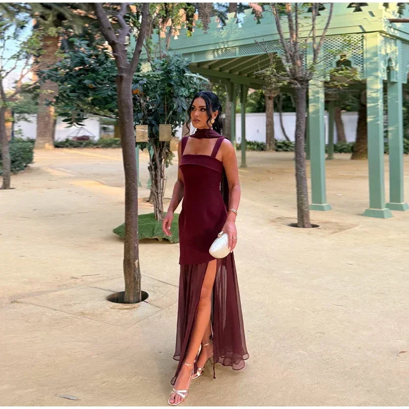 Boho Chic Elegant Mesh Patchwork Sling Dress Sexy Loose Sleeveless Split Scarf Long Dress Female 2026 New Party Evening Dresses
