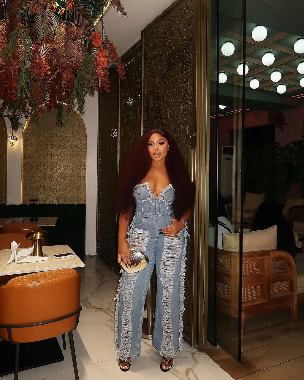 Tassel Hollow Out Overalls For Women Studded Diamond Strapless Backless Jeans Street Fashion Trend Jumpsuite Femme