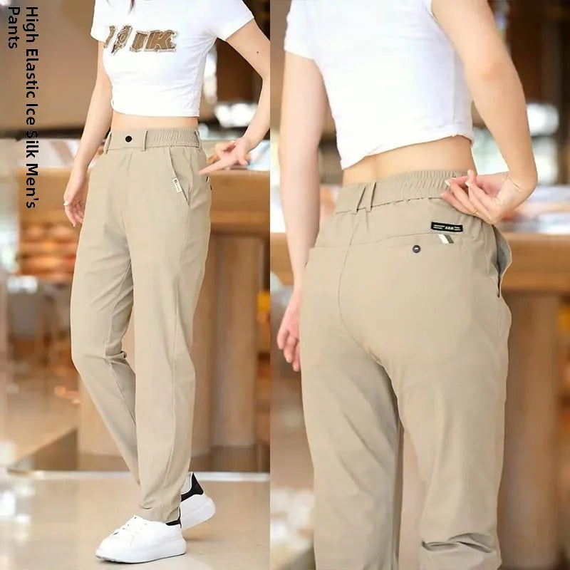 High Elasticity Ice Silk Casual Pants Men's Summer Thin Style Quick Dry Fashion Business Straight Leg Pants