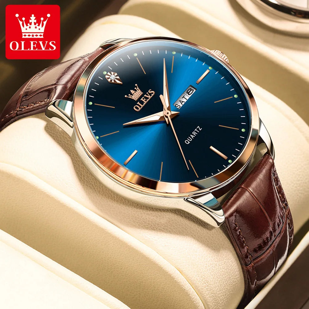 OLEVS 2935 Business Casual Men's Watch Waterproof Leather Strap Luxury Brand Date Week Temperament Trend Quartz Men's Watch