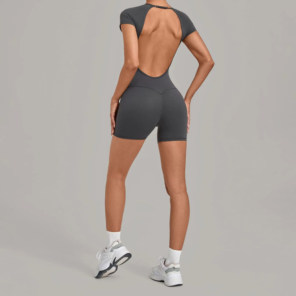Women Short Sleeve Open Back Yoga Bodysuit Squat Proof Short Jumpsuit Gym Pilates Running Workout Fitness Sport Activewear