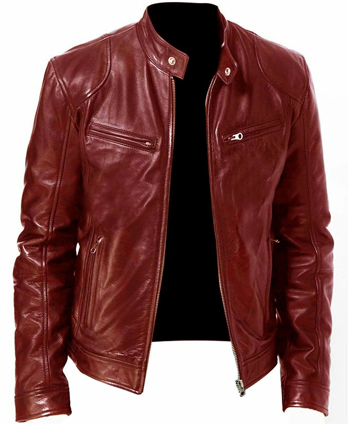 Winter Stand Collar Zip-Up Pocket PU Leather Jacket Men's Slim Business Casual