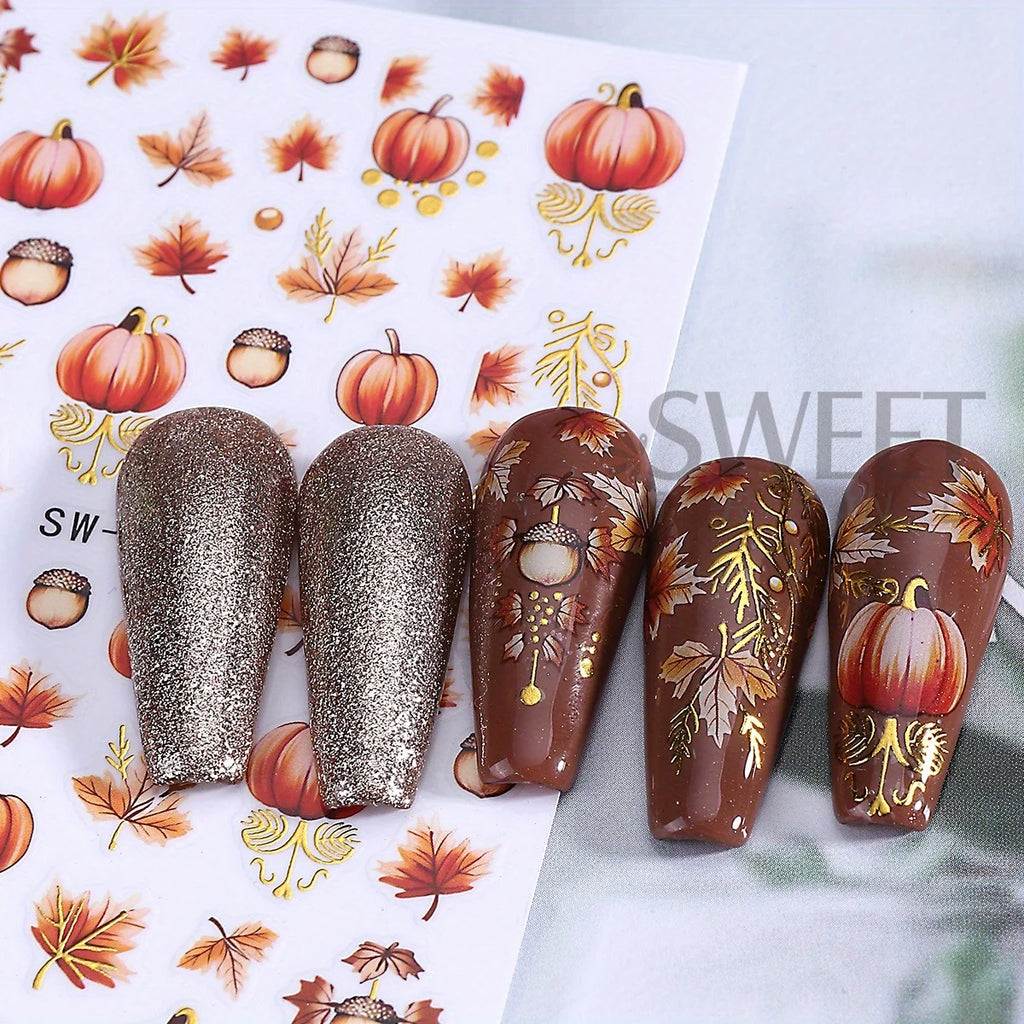 2pcs Glitter Autumn Pumpkin Maple Leaves Nail Stickers Metal Gold Fall Pine Cones Adhesive Decals Painting Foils Manicure Deco