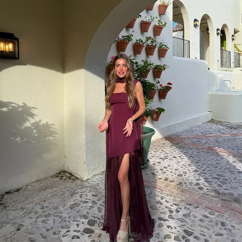 Boho Chic Elegant Mesh Patchwork Sling Dress Sexy Loose Sleeveless Split Scarf Long Dress Female 2026 New Party Evening Dresses