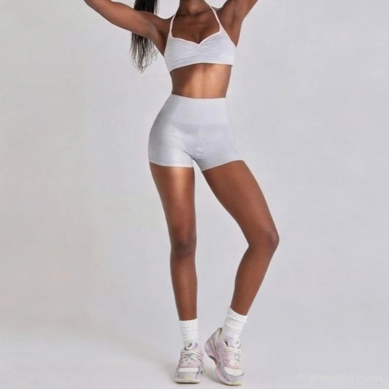 Women 2 Piece Yoga Set Ruched Front T Back Sports Bra High Waist Leggings Soft Stretchy Nude Fabric Gym Running Workout Outfit