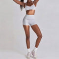 Women 2 Piece Yoga Set Ruched Front T Back Sports Bra High Waist Leggings Soft Stretchy Nude Fabric Gym Running Workout Outfit
