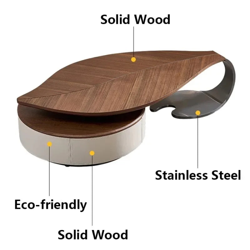 Modern Walnut Wood Coffee Table for Living Room Multifunctional Side Table Unique Leaf Shape Solid Wood Design Luxury