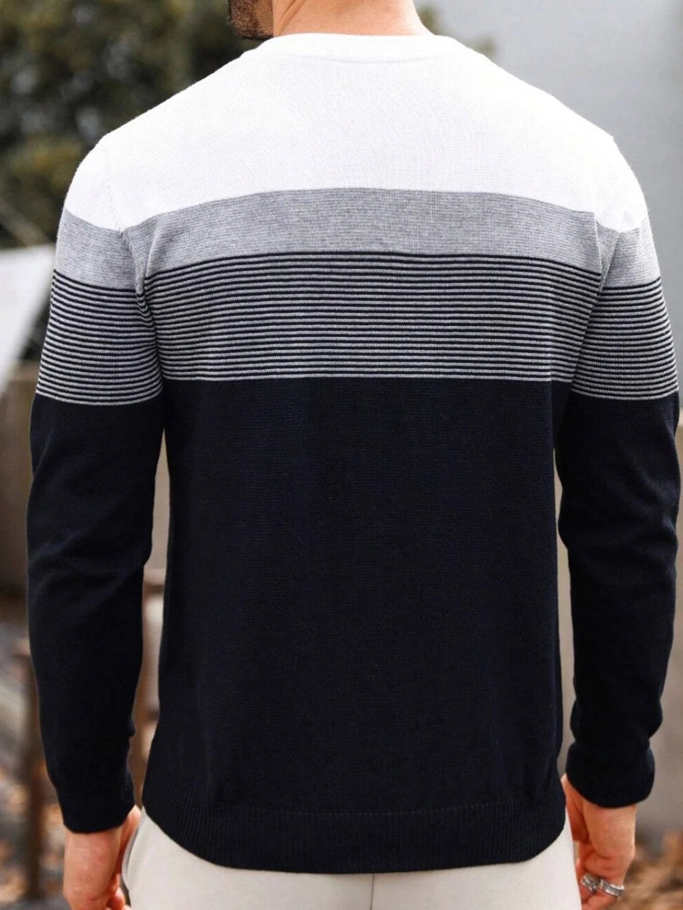 Men Spring Autumn Crew Neck Color Block Horizontal Striped Knit Sweater Long Sleeve Slim Casual Pullover Tops