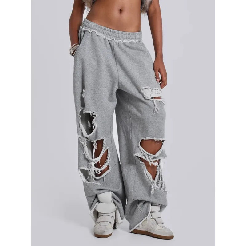 Y2k Grey Ripped Women's Jogging Wide Leg Pants American Retro Hip-hop Drape Thin Sports Pants Solid Color Loose Casual Summer