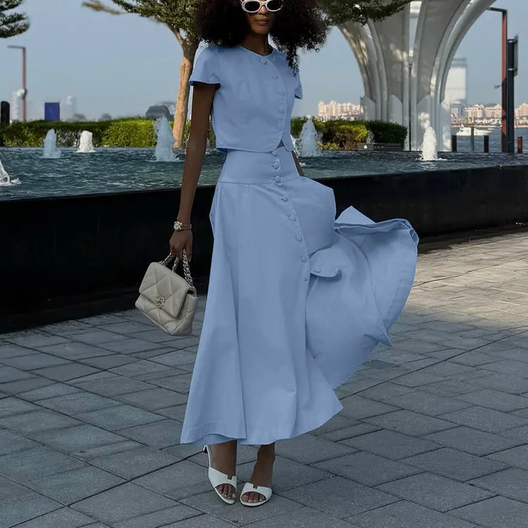 Two Pieces Women Dress Sets Solid Matching Sets Button Short Sleeves Top Empire Waist Ankle Length Skirt Loose Fit 2026 Summer
