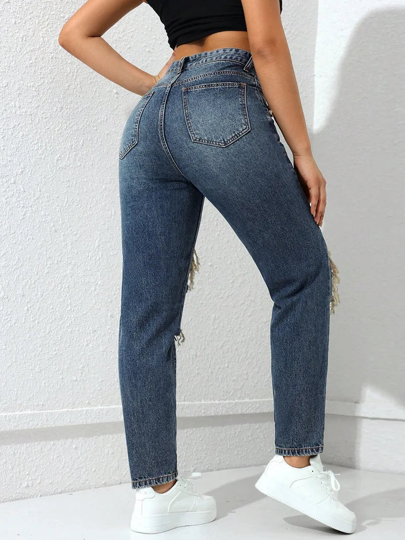 Women's High Waist Ripped Denim Jeans with Distressed Knee Holes and Straight Leg Fit for Casual Streetwear Fashion